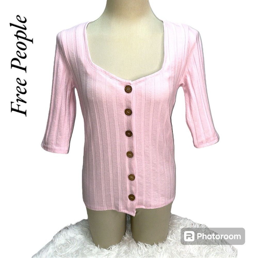 Free People Centeral Park Button Up Baby Pink Blouse Top Women's Size L